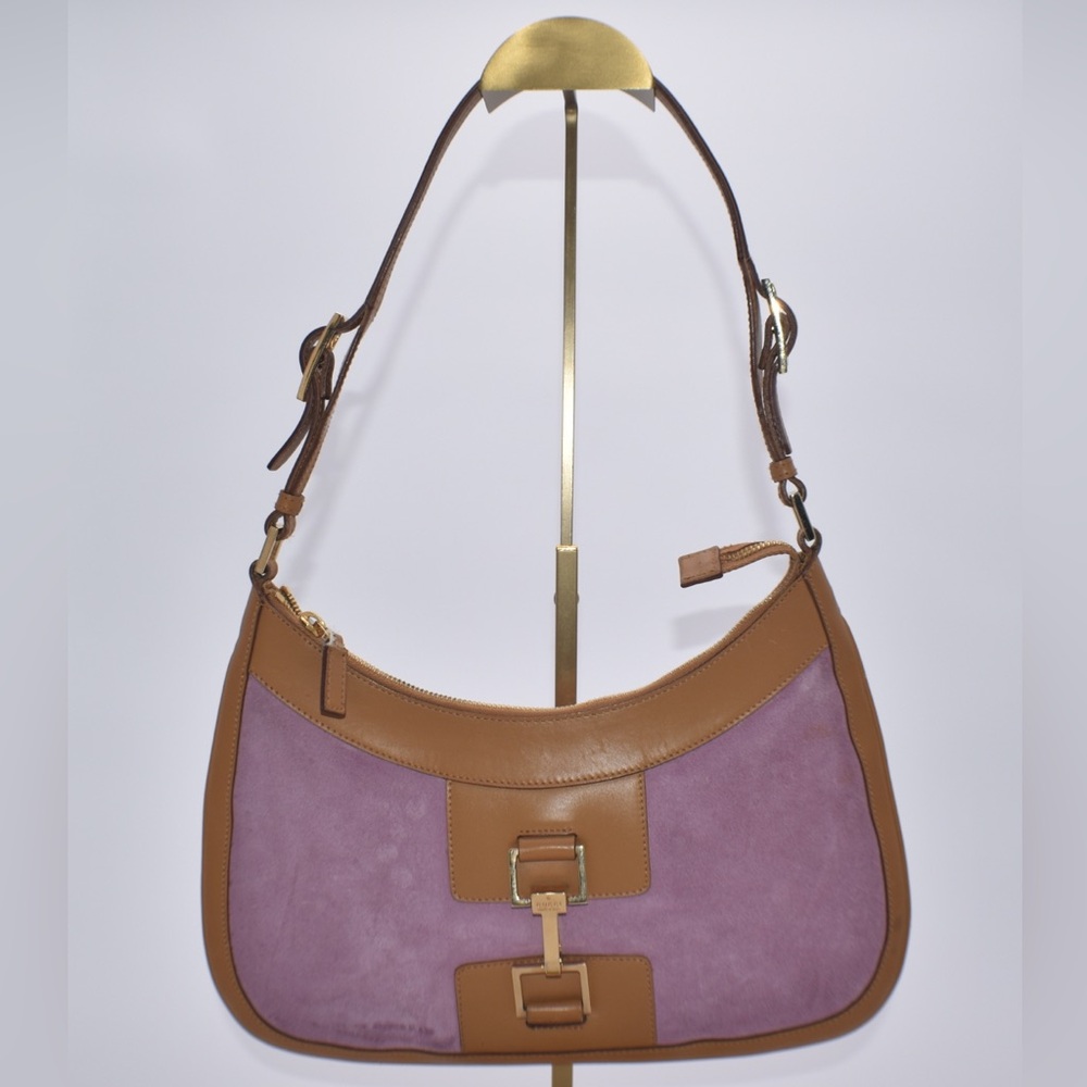 GUCCI Jackie Shoulderbag Half Moon Pink Suede Tan Leather